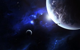 Terra e lua, espaço, luz azul HD Papéis de Parede