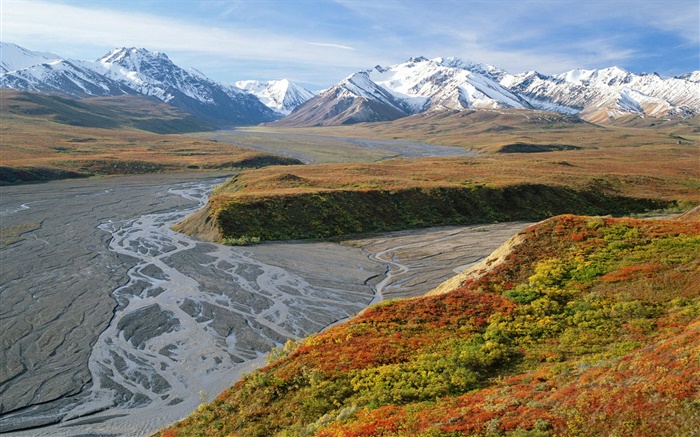 East Fork do rio, montanhas, outono, Denali National Park, Alaska, EUA Papéis de Parede, imagem