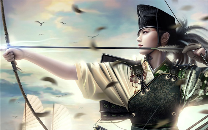 Fantasia menina asiática, guerreiro, arco, barco Papéis de Parede, imagem
