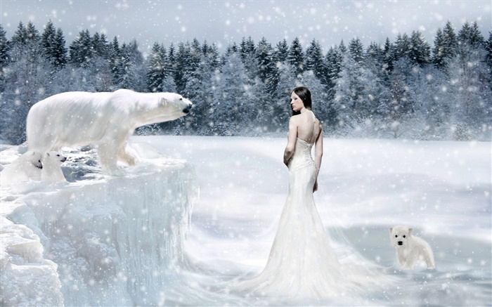 Fantasia menina e ursos polares, frio Papéis de Parede, imagem