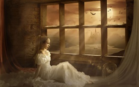 Menina da fantasia ao lado da janela, lua, noite