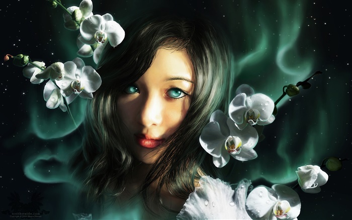 Menina da fantasia, olhos azuis, orquídeas Papéis de Parede, imagem