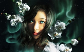 Menina da fantasia, olhos azuis, orquídeas