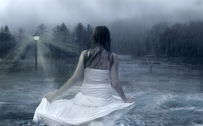 Menina da fantasia na noite chuvosa, a água, lâmpadas, árvores Papéis de Parede, imagem
