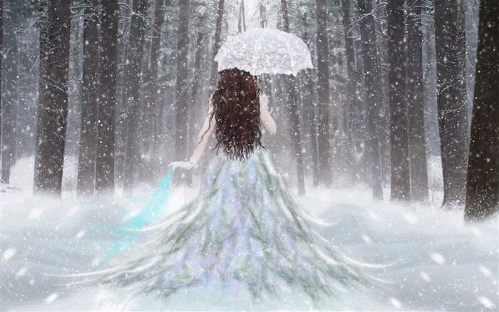 Menina da fantasia na floresta do inverno, neve, guarda-chuva, vista traseira Papéis de Parede, imagem