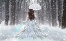 Menina da fantasia na floresta do inverno, neve, guarda-chuva, vista traseira