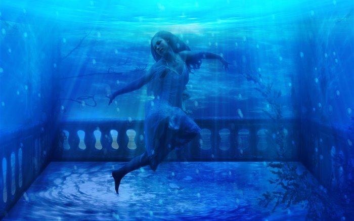 Menina da fantasia no subaquático, azul Papéis de Parede, imagem