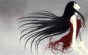 Menina da fantasia, cabelo longo, vestido vermelho, projeto da arte