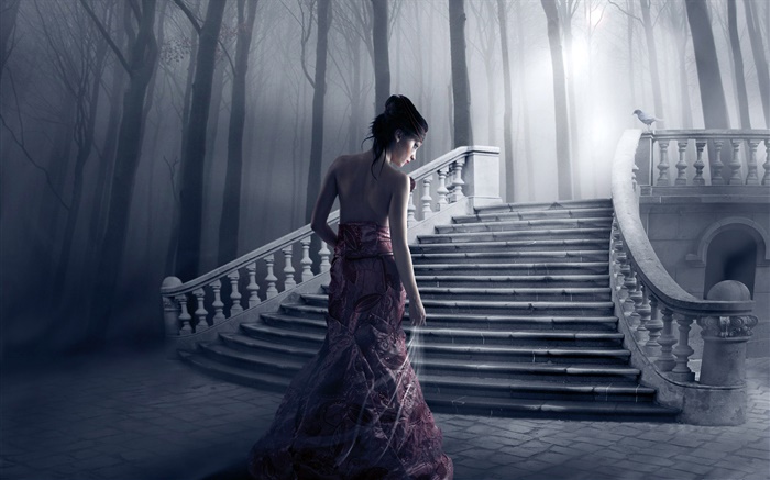 Menina da fantasia, noite, escadas, árvores Papéis de Parede, imagem