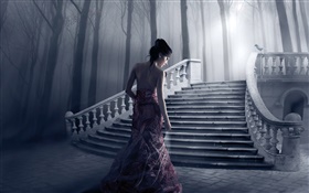 Menina da fantasia, noite, escadas, árvores