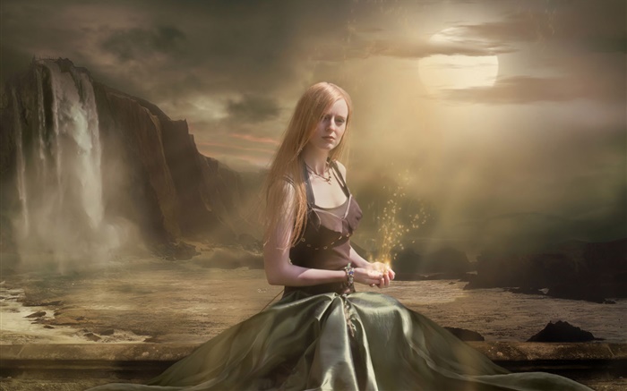 Menina da fantasia sentar, mágica, lua Papéis de Parede, imagem