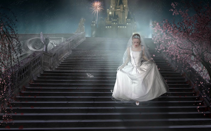 Menina da fantasia, vestido branco, escadas, calçados Papéis de Parede, imagem