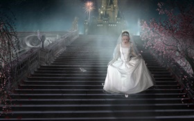 Menina da fantasia, vestido branco, escadas, calçados