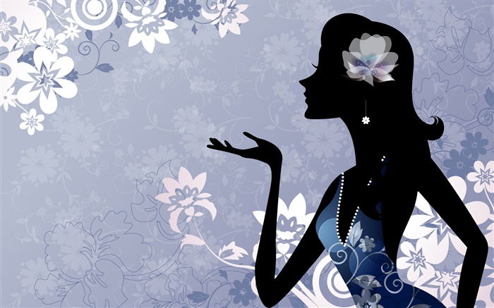 Moda vetor da menina, flores, fundo azul Papéis de Parede, imagem