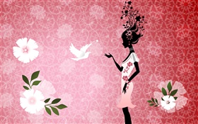 Menina e pombos, pássaros, flores, fundo cor de rosa, design do vetor imagens
