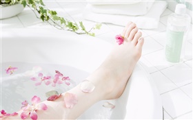 Menina perna, pétalas, banheira, tema SPA HD Papéis de Parede