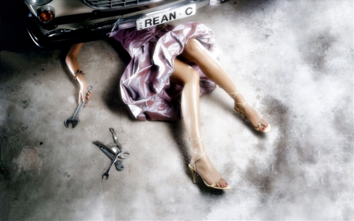 reparação automóvel menina, belas pernas, imagens criativas Papéis de Parede, imagem