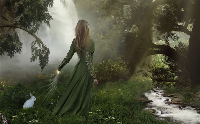 Menina verde fantasia vestido na floresta, coelho branco Papéis de Parede, imagem