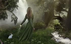 Menina verde fantasia vestido na floresta, coelho branco