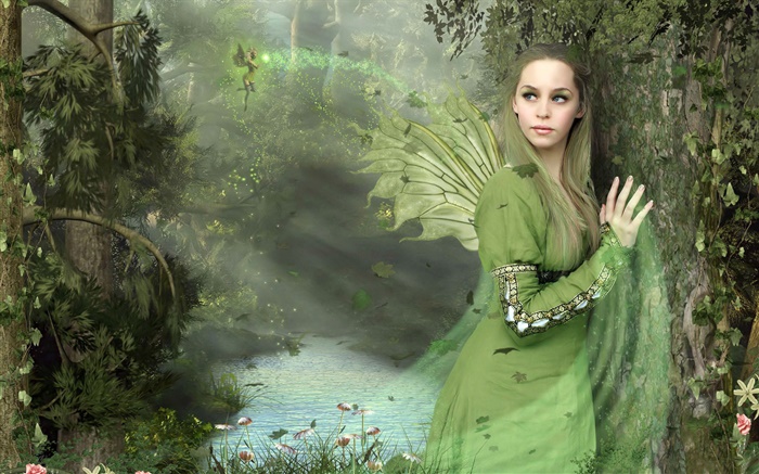 Vestido verde fantasia menina, asas, fada Papéis de Parede, imagem