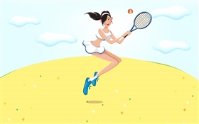 Menina feliz que joga tênis, verão, vetor imagens
