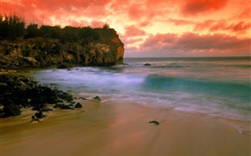 Hawaii, EUA, praia, costa, mar, céu vermelho, pôr do sol