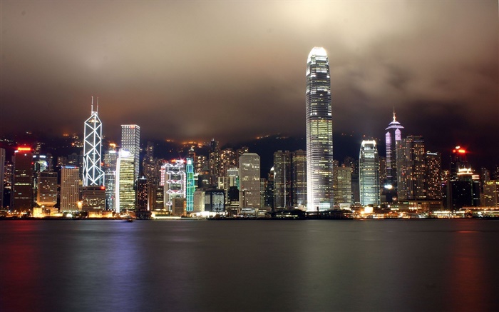 Hong Kong, bela cidade, arranha-céus, noite, luzes, rio Papéis de Parede, imagem