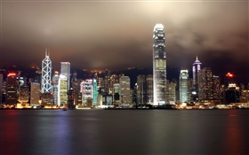 Hong Kong, bela cidade, arranha-céus, noite, luzes, rio