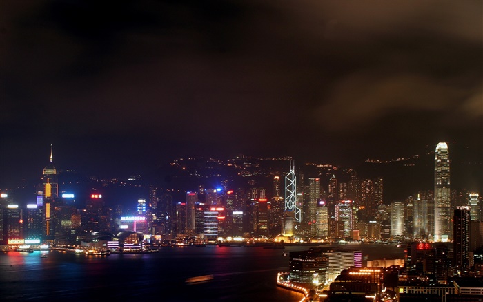 Hong Kong, bela noite, cidade, arranha-céus, luzes, mar Papéis de Parede, imagem
