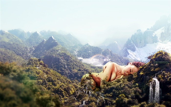 menina enorme, sono em montanhas, design criativo Papéis de Parede, imagem