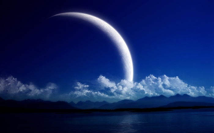 Lago, montanhas, nuvens, noite, planetas Papéis de Parede, imagem