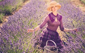 Lavender campo de flores, menina loura, chapéu, cesta HD Papéis de Parede