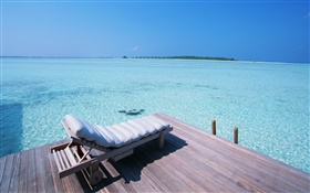 Maldivas, doca, cadeira, mar HD Papéis de Parede