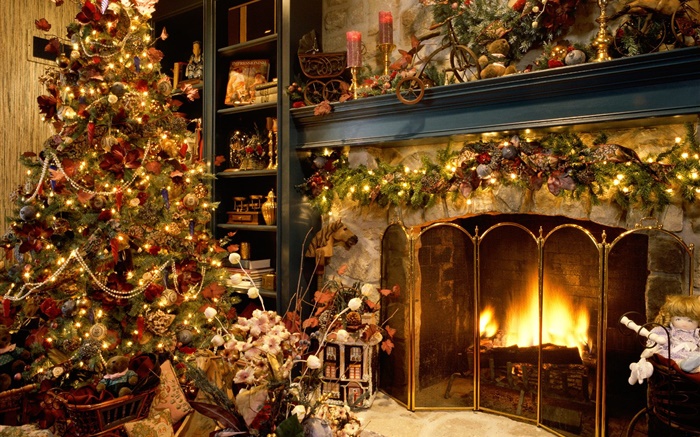 Feliz Natal, bolas, decoração, lareira, luzes, morno Papéis de Parede, imagem