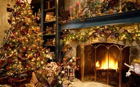 Feliz Natal, bolas, decoração, lareira, luzes, morno