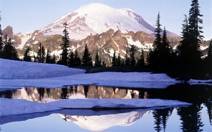 Mount Rainier, Tipsoo lago, montanha, árvores, neve, Washington, EUA Papéis de Parede, imagem