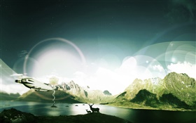 Montanhas, lago, veados, luz, design criativo HD Papéis de Parede