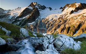 Montanhas, rochas, creek, neve HD Papéis de Parede