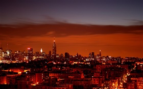 Noite, cidade, casas, luzes, vermelho estilo HD Papéis de Parede