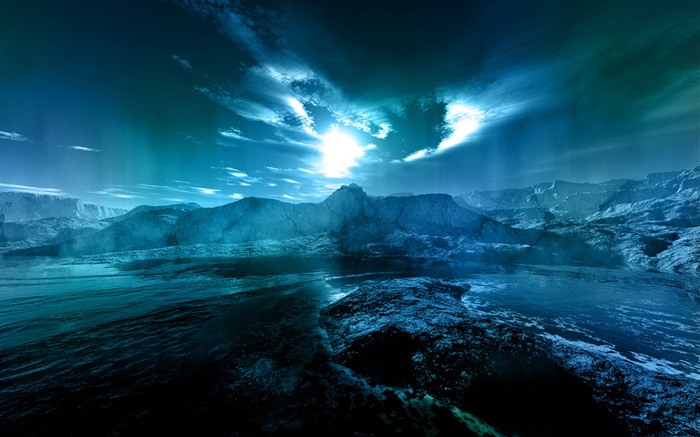 Noite paisagem, mar, costa, água, lua, nuvens, azul estilo Papéis de Parede, imagem