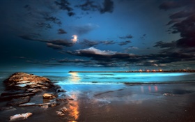 Noite, luzes, lua, nuvens, mar, cais HD Papéis de Parede