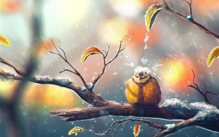 Pintura, pássaro no inverno, ramo de árvore, neve, folhas Papéis de Parede, imagem