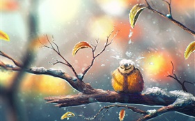 Pintura, pássaro no inverno, ramo de árvore, neve, folhas