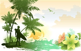 palmeiras, flores, pássaros, mar, tropical, homem, vetor imagens HD Papéis de Parede