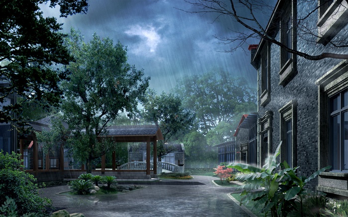 Parque na chuva, casa, árvores, 3D render imagens Papéis de Parede, imagem