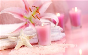 estilo de rosa, velas, estrelas do mar, orquídea, toalha, SPA still life HD Papéis de Parede