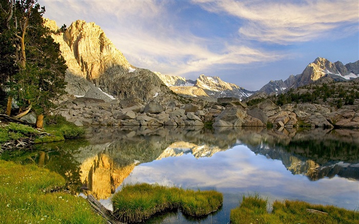 Lagoa, rochas, montanhas, reflexão Papéis de Parede, imagem