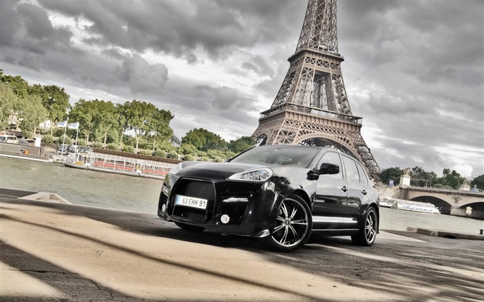 Porsche Cayenne carro preto, Torre Eiffel Papéis de Parede, imagem