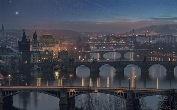 Praga, República Checa, ponte, rio, casa, noite, luzes Papéis de Parede, imagem