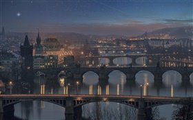 Praga, República Checa, ponte, rio, casa, noite, luzes HD Papéis de Parede
